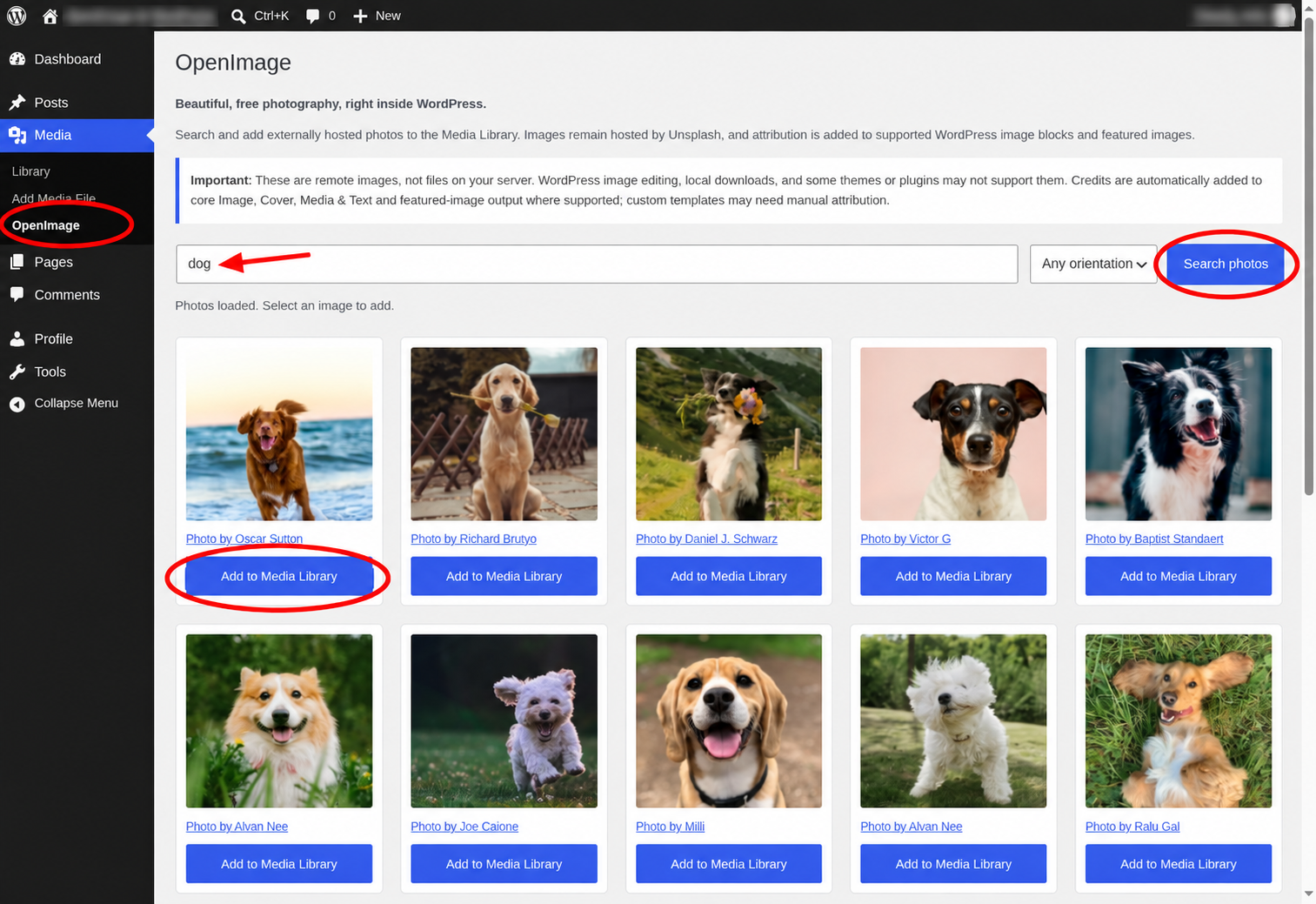 Pretty Photos backend search with red callouts around the Media Pretty Photos menu, search field, Search photos button, and Add to Media Library button. Site and account details are blurred.